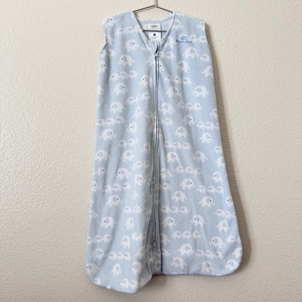 Halo elephant print fleece sleep sack light blue white
